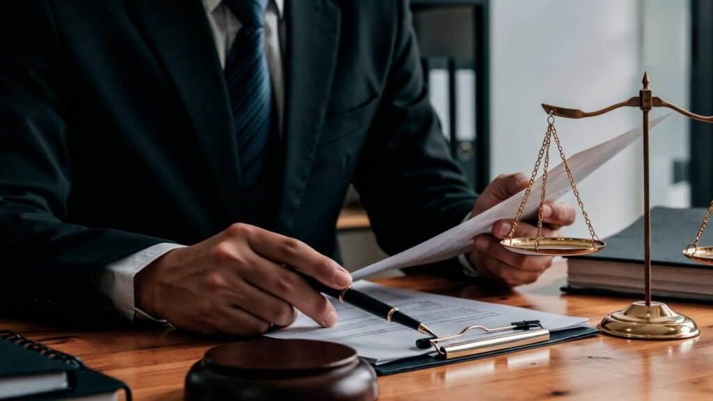 mãos escrevem em papel apoiado em uma mesa com a balança da justiça