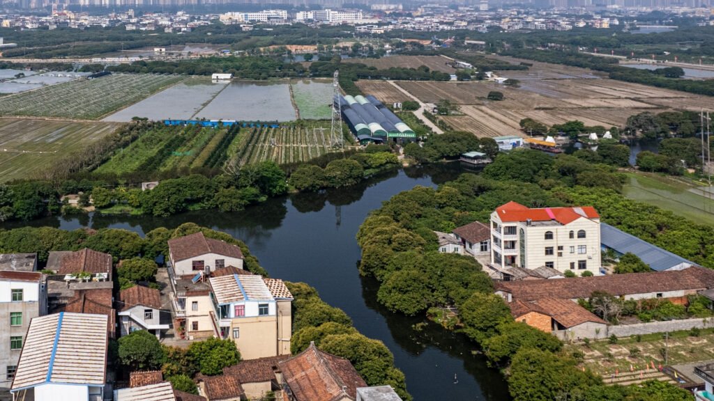 imagem de cima que mostra rio que corta região com casas no entorno
